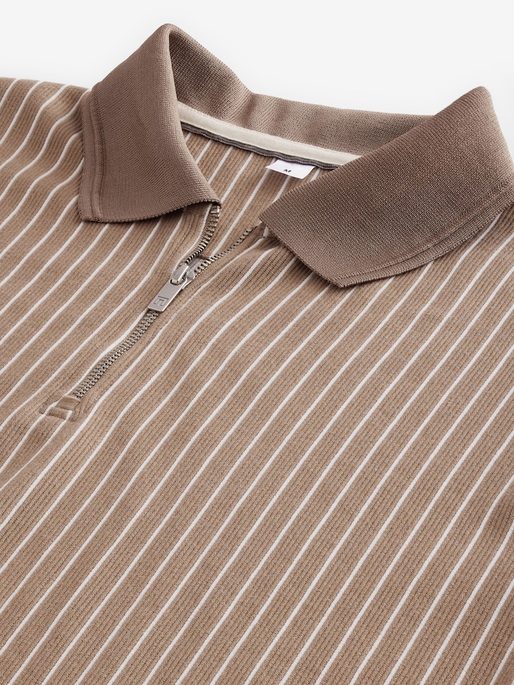 Neutral Vertical Stripe Quarter Zip Polo Shirt - Image 6 of 7