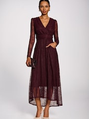 Jolie Moi Red Long Sleeve Wrap V-Neck Lace Maxi Dress - Image 1 of 6