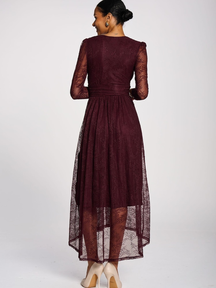 Jolie Moi Red Long Sleeve Wrap V-Neck Lace Maxi Dress - Image 2 of 6 Jolie Moi Red Long Sleeve Wrap V-Neck Lace Maxi Dress - Image 2 of 6
