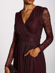Jolie Moi Red Long Sleeve Wrap V-Neck Lace Maxi Dress - Image 3 of 6
