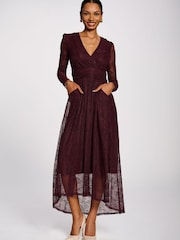 Jolie Moi Red Long Sleeve Wrap V-Neck Lace Maxi Dress - Image 4 of 6