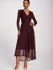 Jolie Moi Red Long Sleeve Wrap V-Neck Lace Maxi Dress - Image 5 of 6