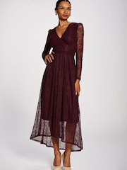 Jolie Moi Red Long Sleeve Wrap V-Neck Lace Maxi Dress - Image 6 of 6