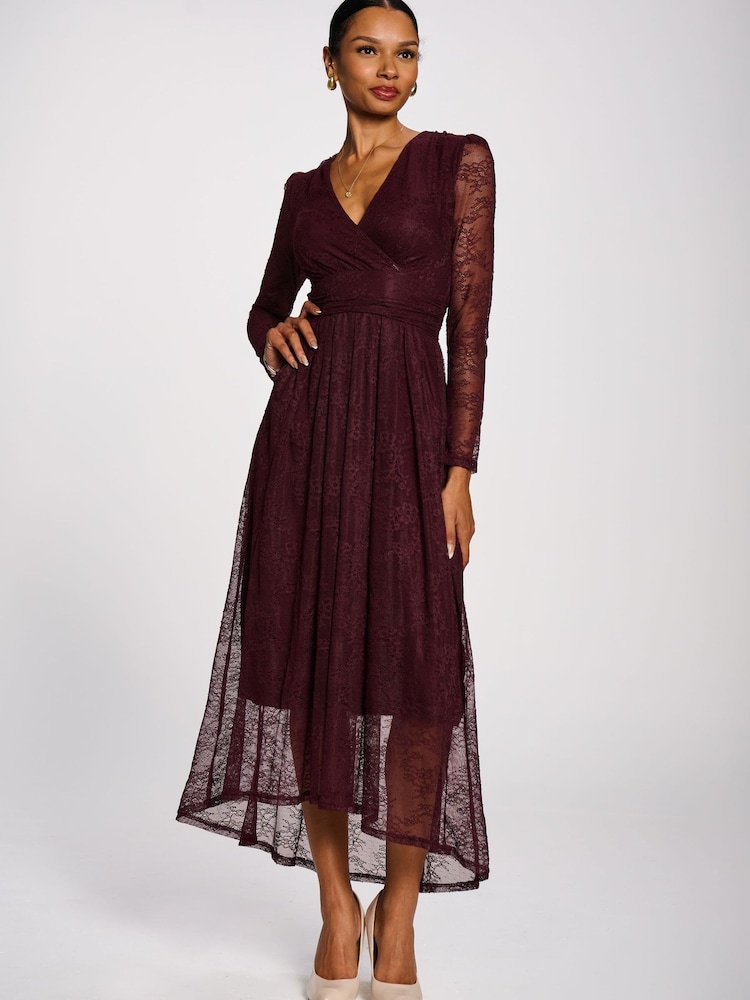 Jolie Moi Red Long Sleeve Wrap V-Neck Lace Maxi Dress - Image 6 of 6 Jolie Moi Red Long Sleeve Wrap V-Neck Lace Maxi Dress - Image 6 of 6