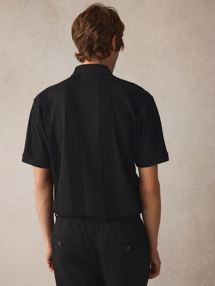 Black Vertical Chain Flocked Quarter Zip Polo Shirt - Image 3 of 8