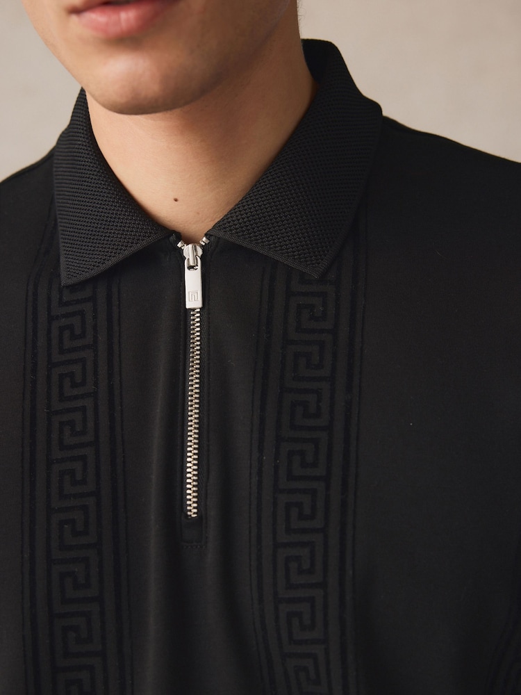 Black Vertical Chain Flocked Quarter Zip Polo Shirt - Image 5 of 8
