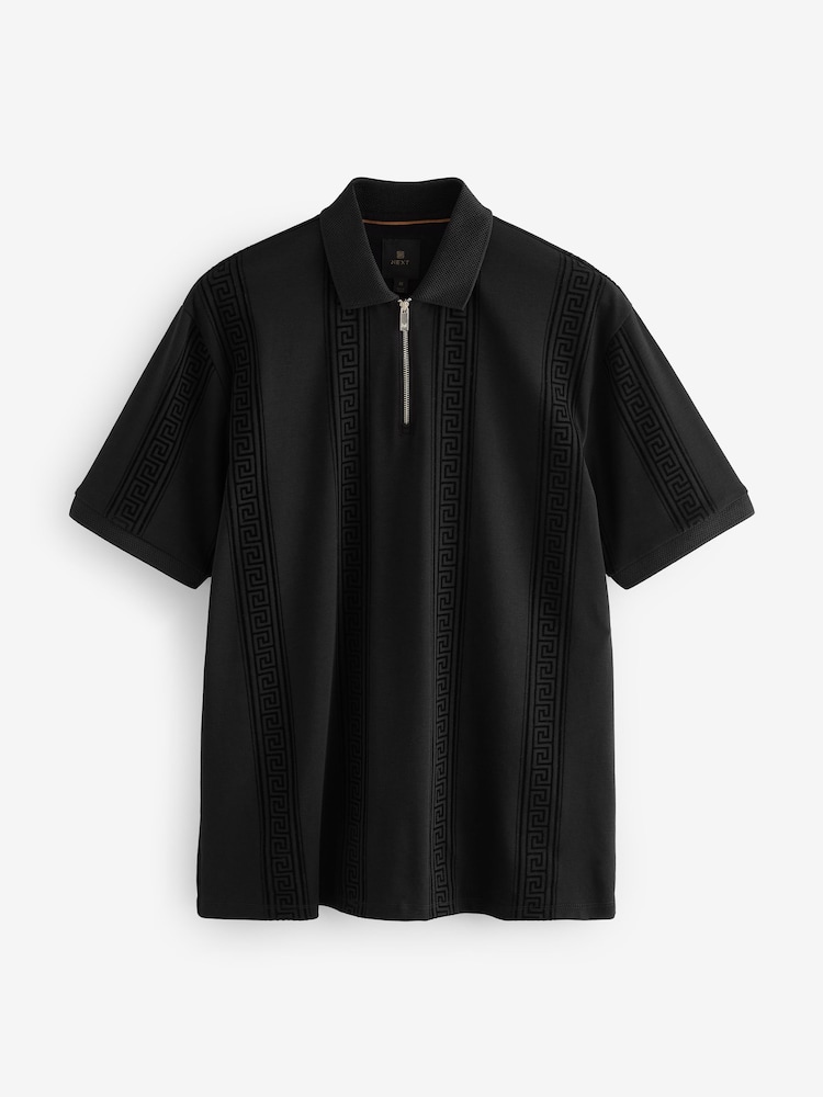 Black Vertical Chain Flocked Quarter Zip Polo Shirt - Image 6 of 8