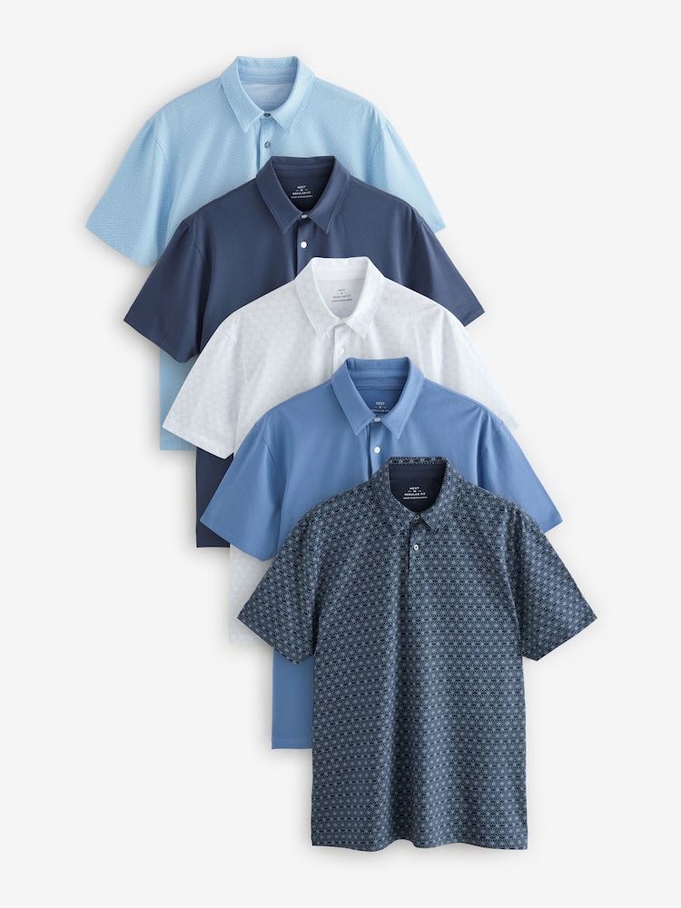 Blue Geo / Blue Plains Regular Fit Short Sleeve Jersey Polo Shirts 5 Pack - Image 1 of 14