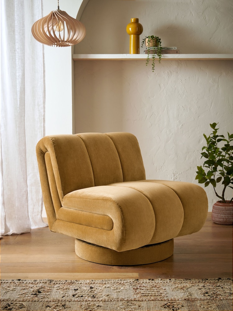 Relaxed Chenille Dark Ochre Yellow Hoxton Swivel Accent Chair - Image 1 of 9