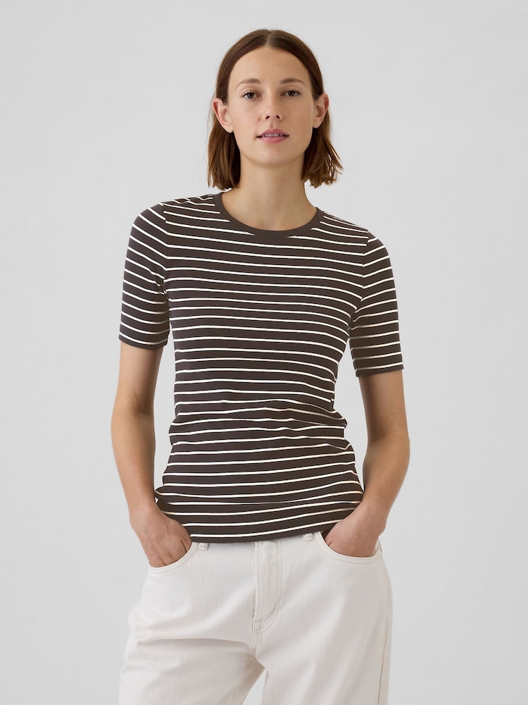 Gap Brown Stripe Short Sleeve Modern Cotton-Modal Crew Neck T-Shirt - Image 1 of 5