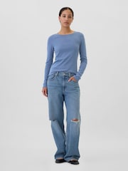 Gap Blue Favourite Cotton-Modal Crew Neck Long Sleeve T-Shirt - Image 3 of 7