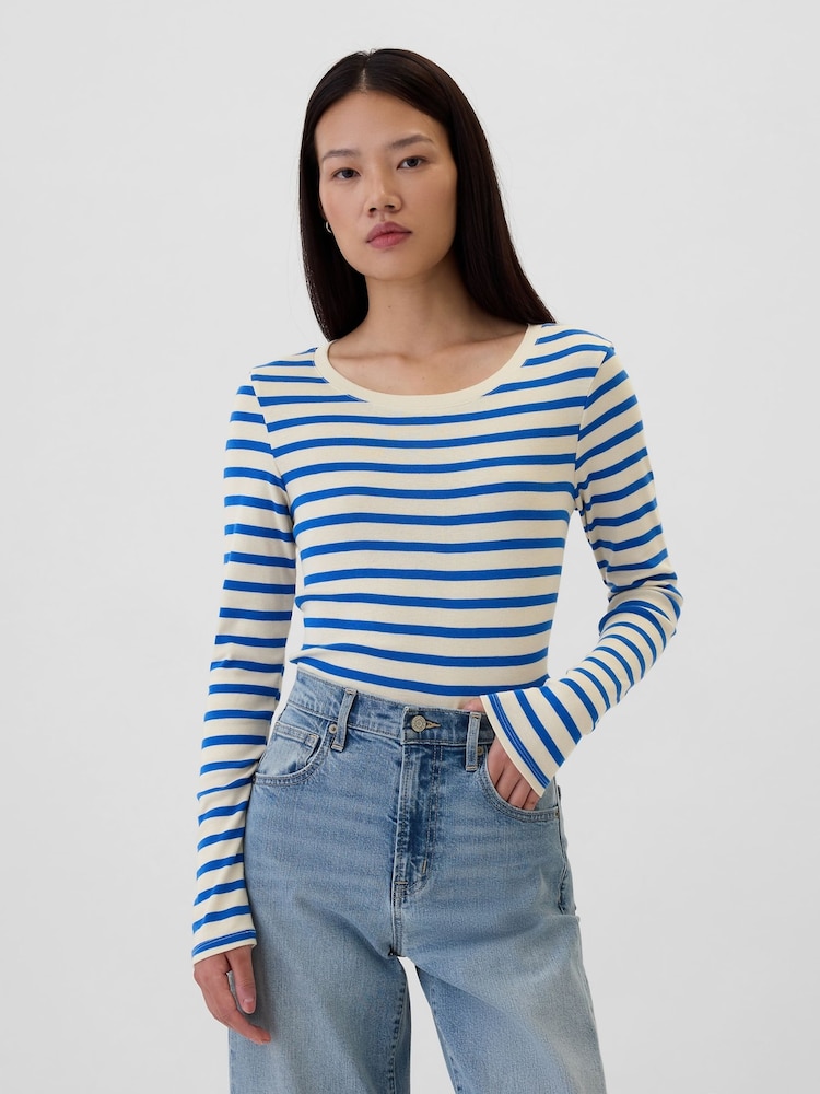 Gap White Stripe Favourite Cotton-Modal Crew Neck Long Sleeve T-Shirt - Image 1 of 8 Gap White Stripe Favourite Cotton-Modal Crew Neck Long Sleeve T-Shirt - Image 1 of 8