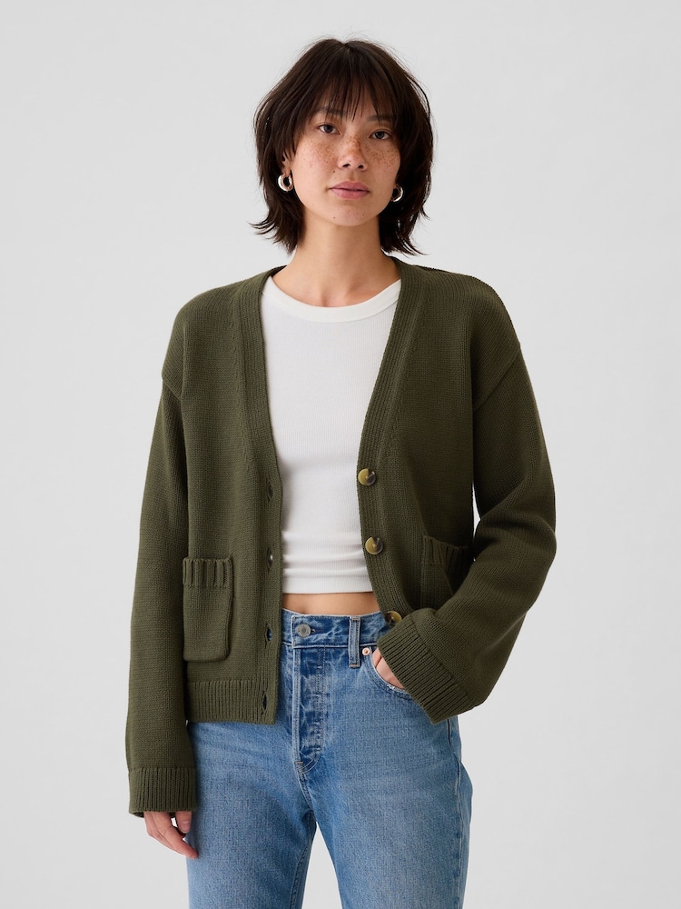 Gap Green V-Neck Pocket Cardigan - Image 1 of 5 Gap Green V-Neck Pocket Cardigan - Image 1 of 5