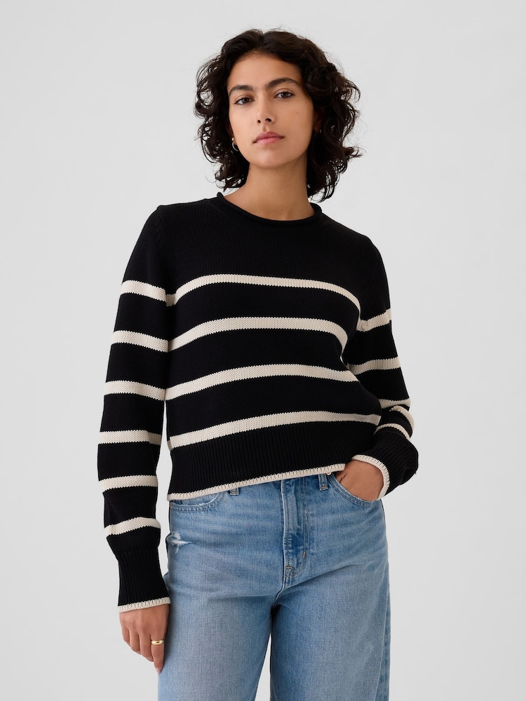 Gap Black Stripe Soft Cotton Shrunken Roll Neck Jumper - Image 1 of 5 Gap Black Stripe Soft Cotton Shrunken Roll Neck Jumper - Image 1 of 5