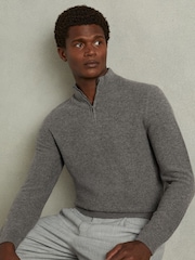 Reiss Mid Grey Melange Chester Wool Zip-Neck Jumper - Image 1 of 6