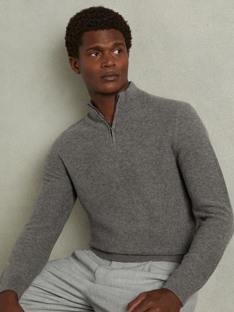 Reiss Mid Grey Melange Chester Wool Zip-Neck Jumper - Image 1 of 6