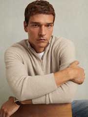 Reiss Oatmeal Chester Wool Zip-Neck Jumper - Image 1 of 6