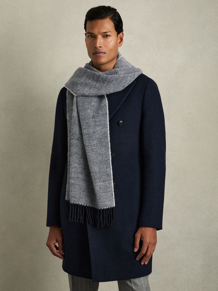 Reiss Navy/White Higgins Wool-Blend Herringbone Scarf - Image 2 of 5 Reiss Navy/White Higgins Wool-Blend Herringbone Scarf - Image 2 of 5