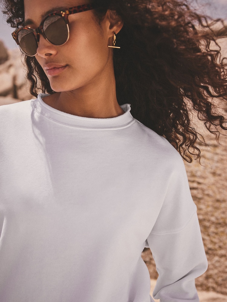 Ecru Raw Hem Detail Washed 100% Cotton Crew Neck Sweatshirt - Image 4 of 7