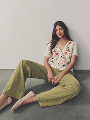 Khaki/Green Textured Jersey Stripe Wide Leg Trousers - Image 1 of 8
