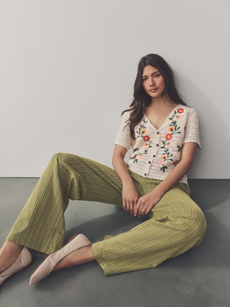 Khaki/Green Textured Jersey Stripe Wide Leg Trousers - Image 1 of 8