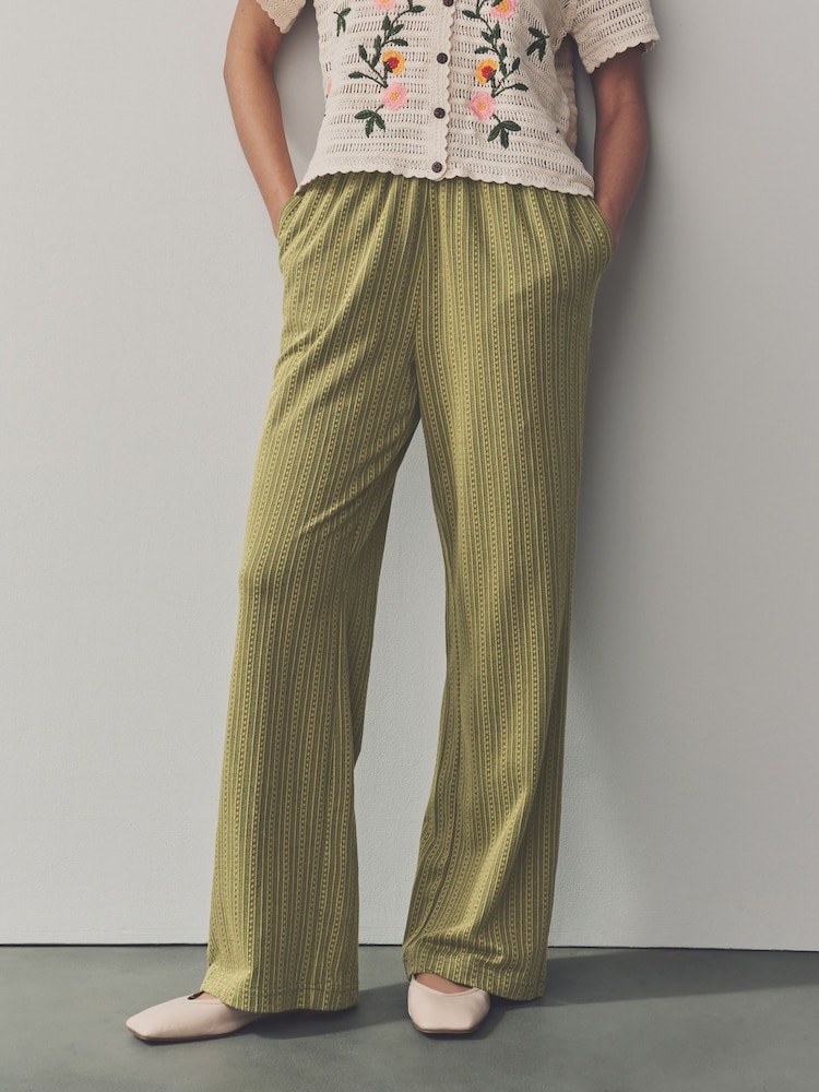 Khaki/Green Textured Jersey Stripe Wide Leg Trousers - Image 2 of 8