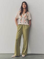 Khaki/Green Textured Jersey Stripe Wide Leg Trousers - Image 4 of 8