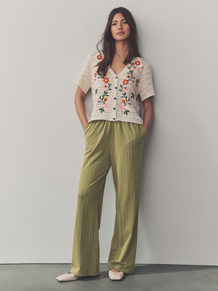 Khaki/Green Textured Jersey Stripe Wide Leg Trousers - Image 4 of 8