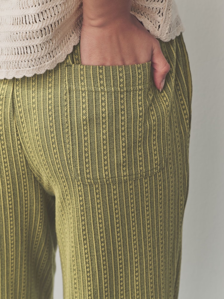 Khaki/Green Textured Jersey Stripe Wide Leg Trousers - Image 5 of 8