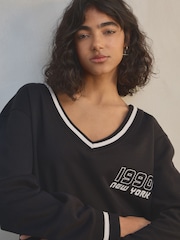 Black Sporty New York Deep V-Neck Graphic Jersey Sweatshirt - Image 1 of 5