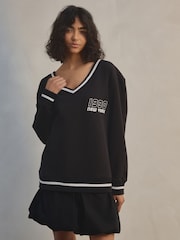 Black Sporty New York Deep V-Neck Graphic Jersey Sweatshirt - Image 2 of 5