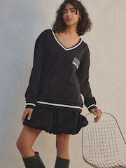 Black Sporty New York Deep V-Neck Graphic Jersey Sweatshirt - Image 3 of 5
