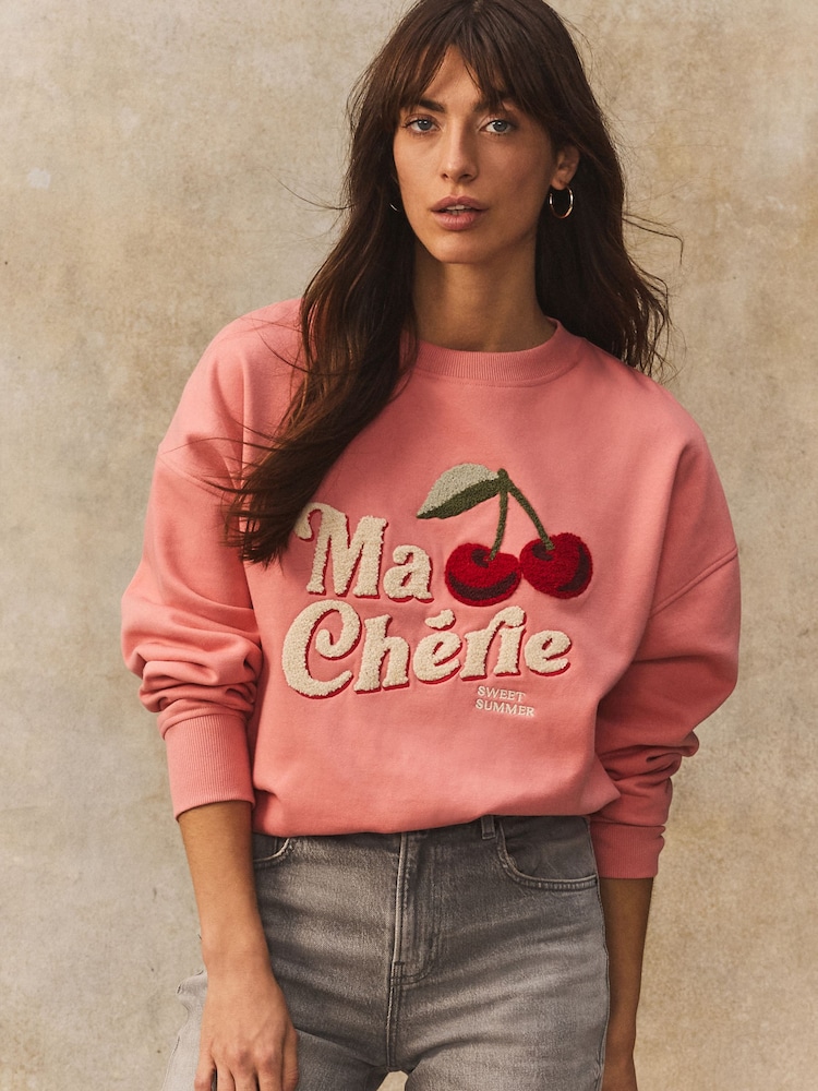 Розовый - Ma Cherie Cherry Heavy Boucle/Embroidery Graphic Crewneck Sweatshirt - Image 1 of 5