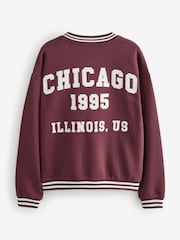 Burgundy Red Chicago Slogan Back Graphic Baseball Letterman Varsity Jacket - Image 11 of 13
