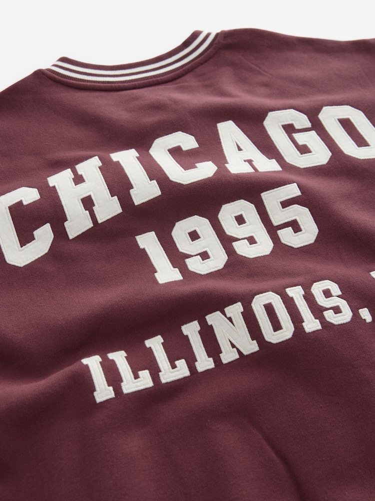Burgundy Red Chicago Slogan Back Graphic Baseball Letterman Varsity Jacket - Image 13 of 13