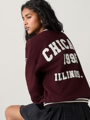 Burgundy Red Chicago Slogan Back Graphic Baseball Letterman Varsity Jacket - Image 2 of 13