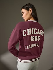 Burgundy Red Chicago Slogan Back Graphic Baseball Letterman Varsity Jacket - Image 3 of 13