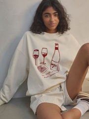 Ecru/Burgandy Red Wine Flocked Fun Graphic Crew neck Sweatshirt - Image 1 of 4
