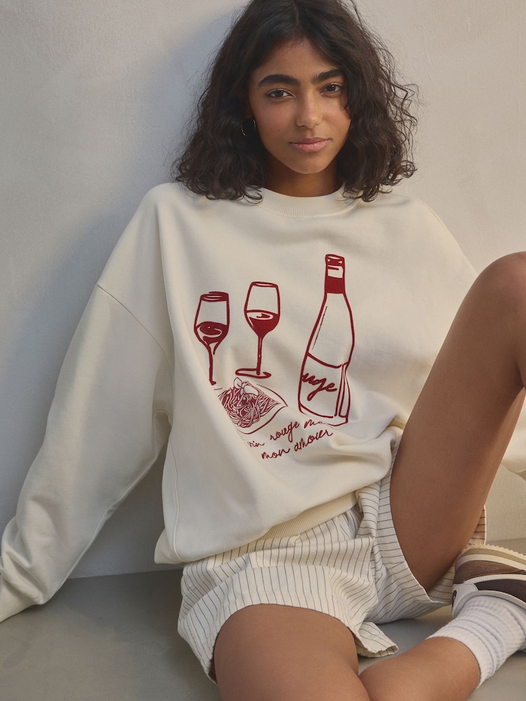 Ecru/Burgandy Red Wine Flocked Fun Graphic Crew neck Sweatshirt - Image 1 of 4