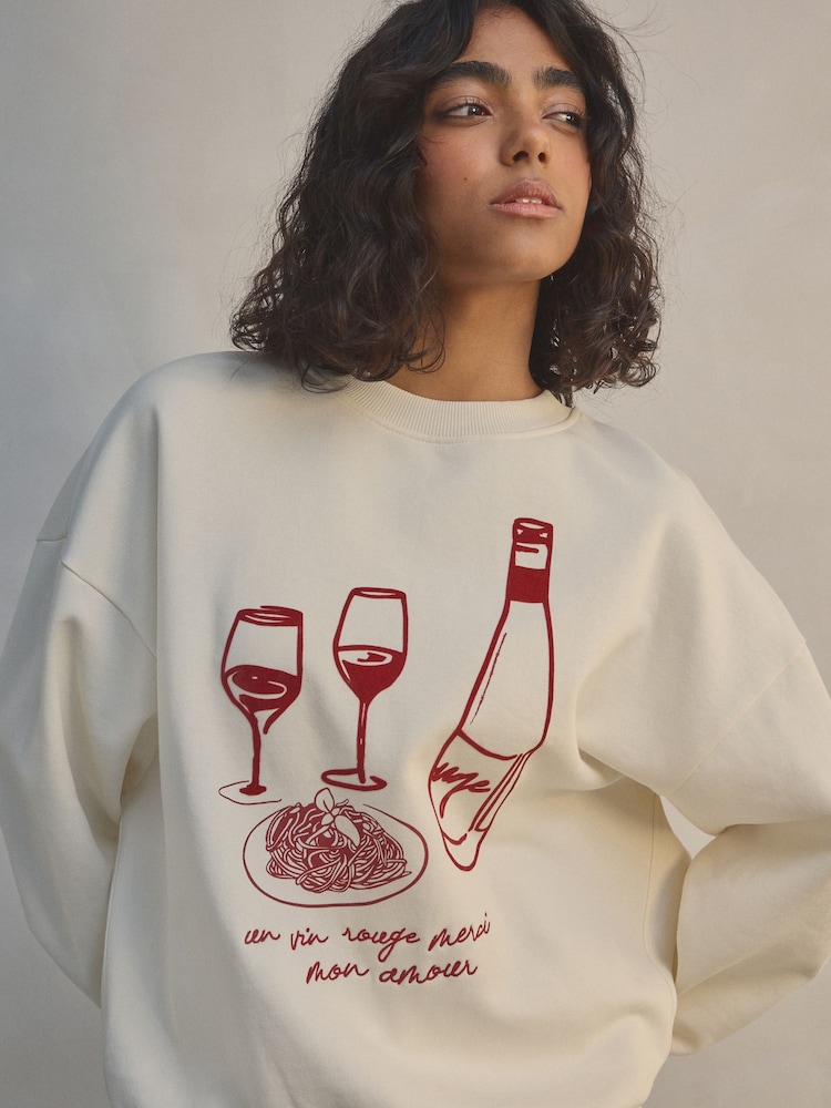 Ecru/Burgandy Red Wine Flocked Fun Graphic Crew neck Sweatshirt - Image 2 of 4