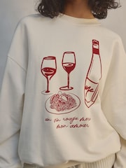 Ecru/Burgandy Red Wine Flocked Fun Graphic Crew neck Sweatshirt - Image 4 of 4