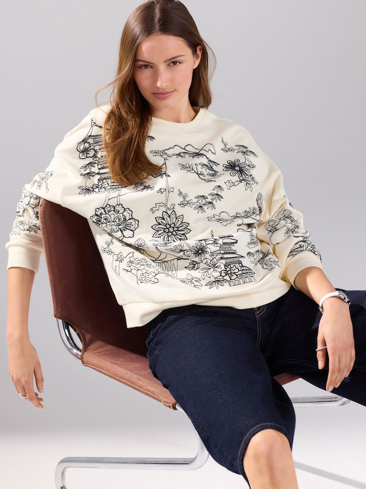 Ecru Graphic Print All-Over Premium Embellished Embroidery Oriental Sweatshirt - Image 2 of 7