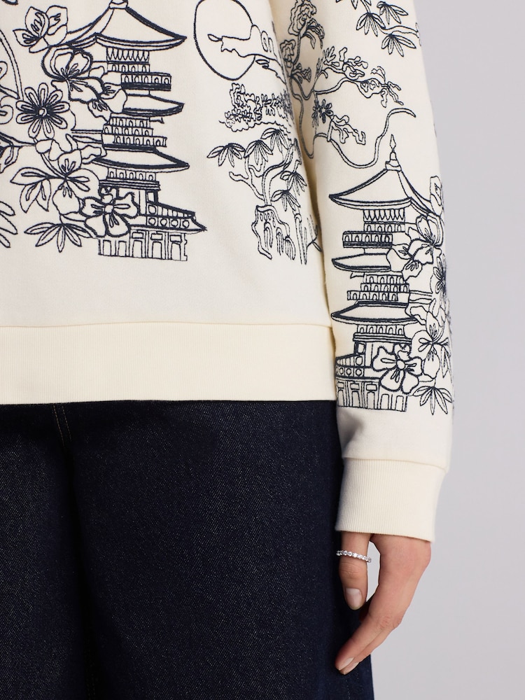 Ecru Graphic Print All-Over Premium Embellished Embroidery Oriental Sweatshirt - Image 4 of 7