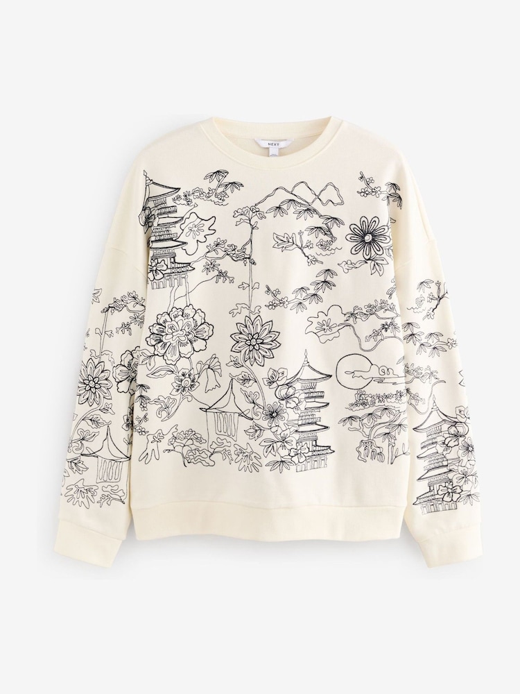 Ecru Graphic Print All-Over Premium Embellished Embroidery Oriental Sweatshirt - Image 5 of 7