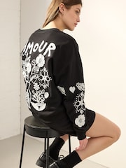 Navy Blue/Ecru Amour Love Heavily Embroidered Luxe Back Graphic 100% Cotton Sweatshirt - Image 1 of 5