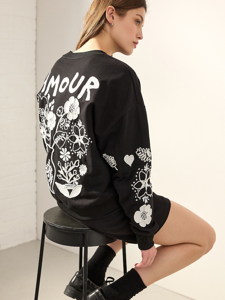 Navy Blue/Ecru Amour Love Heavily Embroidered Luxe Back Graphic 100% Cotton Sweatshirt - Image 1 of 5
