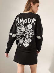 Navy Blue/Ecru Amour Love Heavily Embroidered Luxe Back Graphic 100% Cotton Sweatshirt - Image 2 of 5
