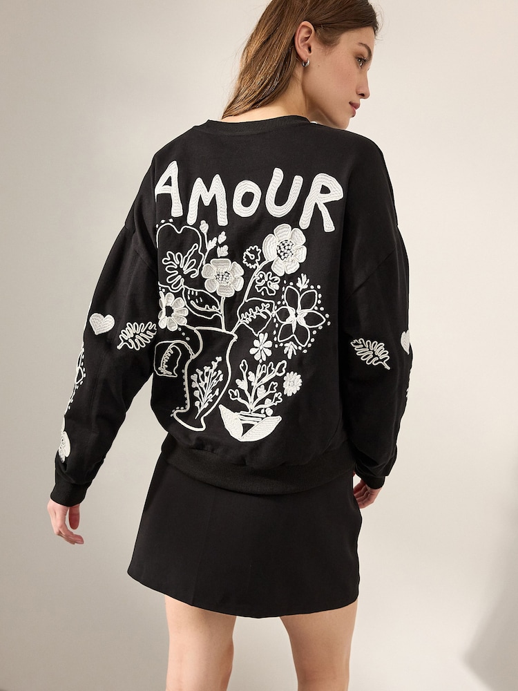 Navy Blue/Ecru Amour Love Heavily Embroidered Luxe Back Graphic 100% Cotton Sweatshirt - Image 2 of 5