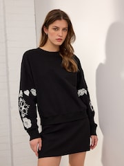 Navy Blue/Ecru Amour Love Heavily Embroidered Luxe Back Graphic 100% Cotton Sweatshirt - Image 3 of 5