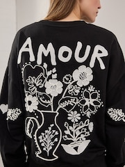 Navy Blue/Ecru Amour Love Heavily Embroidered Luxe Back Graphic 100% Cotton Sweatshirt - Image 5 of 5